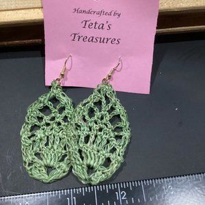 Earrings Pale Green Leaf Crocheted Crochet Hand Crafted